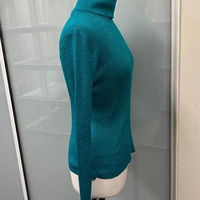 Retro Metallic Thread Teal Pierre Cardin Pullover Turtleneck Thin Sweater Blouse Top