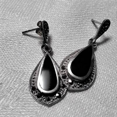 Vintage JBJ Black Onyx And Marcasite 925 Earrings