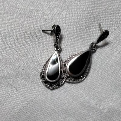 Vintage JBJ Black Onyx And Marcasite 925 Earrings