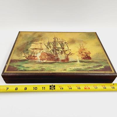 REALLY NEAT SHIP LIGHTWEIGHT WOOD BOX W/ EXTRA PRINT