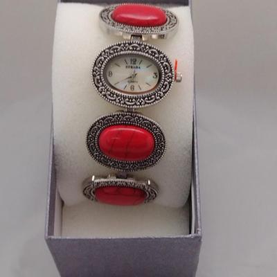 Strada Woman's Watch with Red Tourqoise Stone and Antique Silver Filligree Design Accents New (#1)