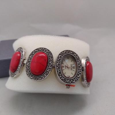 Strada Woman's Watch with Red Tourqoise Stone and Antique Silver Filligree Design Accents New (#1)