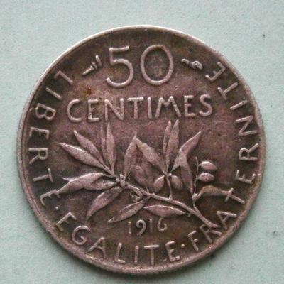 FRANCE 1916 50 Centimes Silver Coin