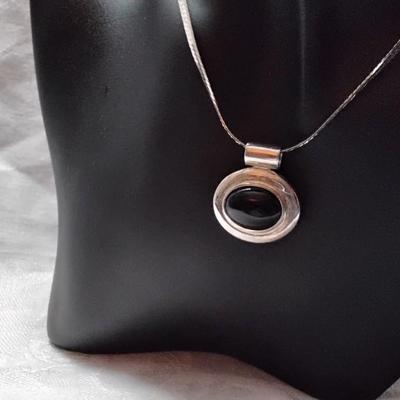 Vintage Black Onyx Slider Italian 925 Herringbone 16" Necklace