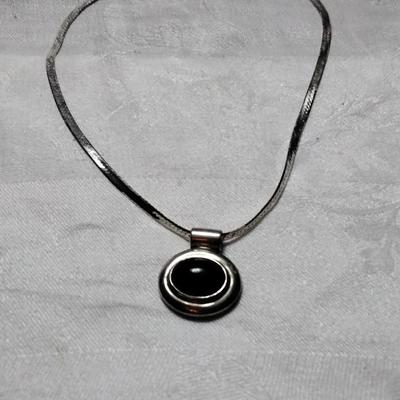 Vintage Black Onyx Slider Italian 925 Herringbone 16" Necklace