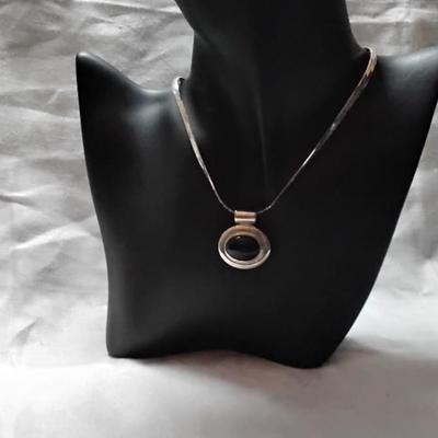 Vintage Black Onyx Slider Italian 925 Herringbone 16" Necklace