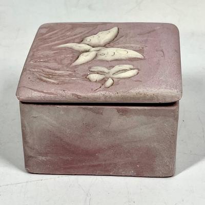 Pale Purple & White Plaster Resin Trinket Box with Butterfly & Iris on Top