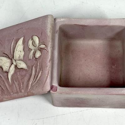 Pale Purple & White Plaster Resin Trinket Box with Butterfly & Iris on Top