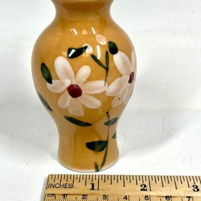 Miniature Orange Ceramic Pottery Vase with White Flower Pattern