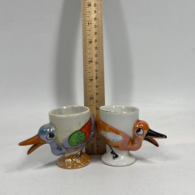 Pair of Blue and Orange Lusterware Ceramic Bird Egg Cups