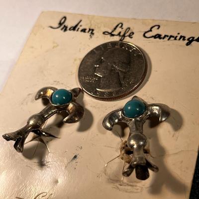 VINT. INDIAN FAUX SILVER, TURQUOISE EARRINGS