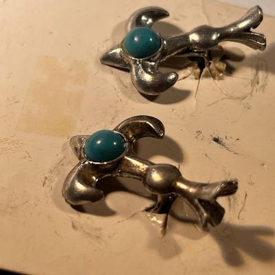 VINT. INDIAN FAUX SILVER, TURQUOISE EARRINGS
