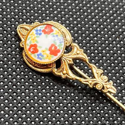 ORNATE FILIGREE PAINTED FLORAL STICK PIN