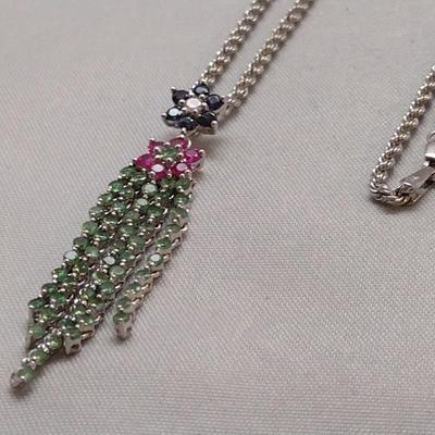 10K Sapphire, Ruby, Emerald, and Tsavorite Garnet Pendant Necklace 5.5g (#19)