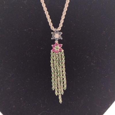 10K Sapphire, Ruby, Emerald, and Tsavorite Garnet Pendant Necklace 5.5g (#19)