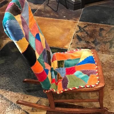 Vintage Wooden Rocking Chari with handmade patchwork cover