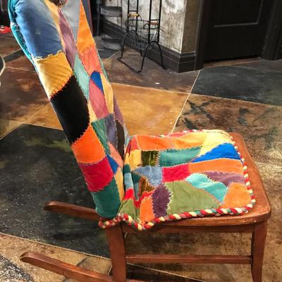 Vintage Wooden Rocking Chari with handmade patchwork cover