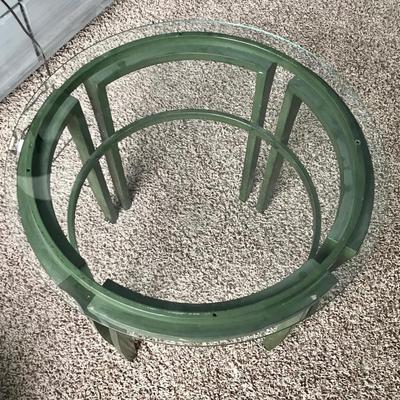 Painted green wood and glass round accent table
