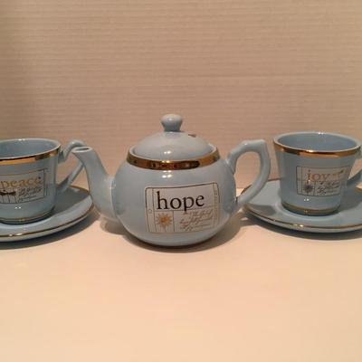 DaySpring Tea Pot, Saucers, Cups - Dragonfly, Hope, Joy, Peace (Bible Verse On It)