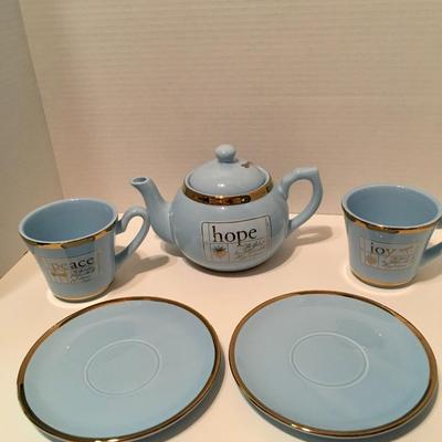 DaySpring Tea Pot, Saucers, Cups - Dragonfly, Hope, Joy, Peace (Bible Verse On It)
