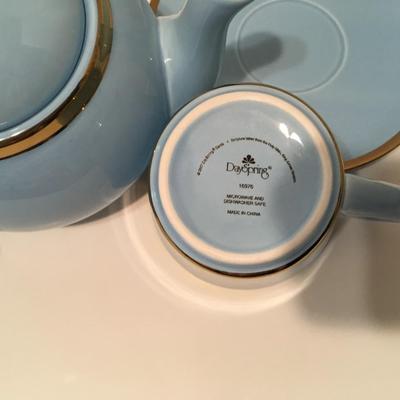 DaySpring Tea Pot, Saucers, Cups - Dragonfly, Hope, Joy, Peace (Bible Verse On It)