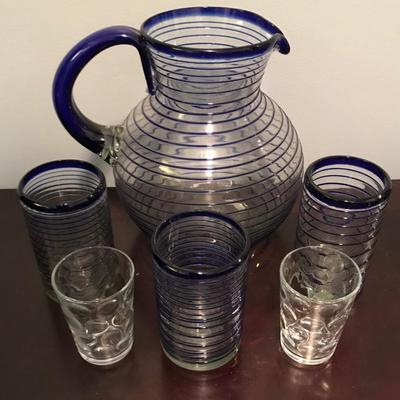 Hand blown glass pitcher and glasses