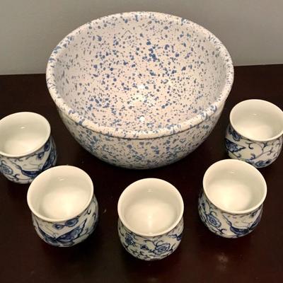 Ceramic speckled bowl and Japanese tea cups