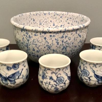 Ceramic speckled bowl and Japanese tea cups
