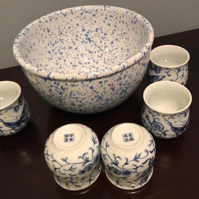 Ceramic speckled bowl and Japanese tea cups