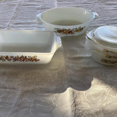 Set of five Fire King cookware. â€œHarvest Vegetableâ€ pattern