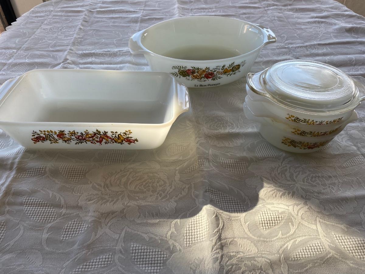 Set of five Fire King cookware. “Harvest Vegetable” pattern