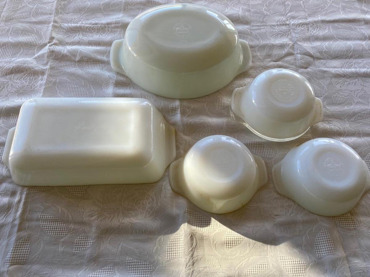 Set of five Fire King cookware. “Harvest Vegetable” pattern