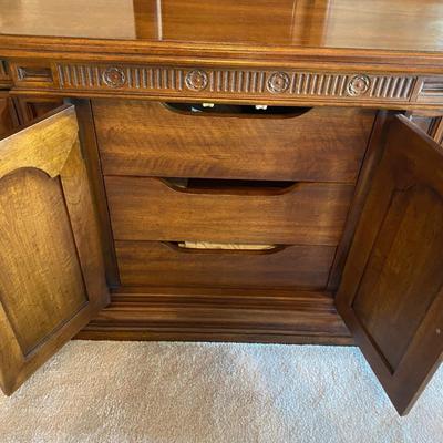 Solid wood vintage triple dresser with two beveled mirrors