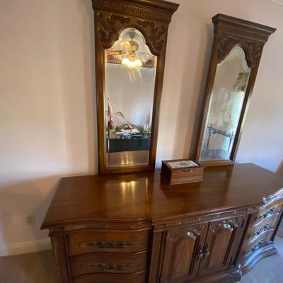 Solid wood vintage triple dresser with two beveled mirrors
