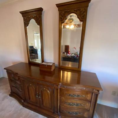 Solid wood vintage triple dresser with two beveled mirrors