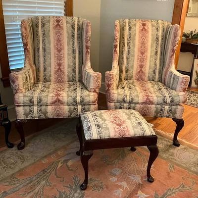 525 Pair of Queen Anne Style Wingback Chair with Matching Stool