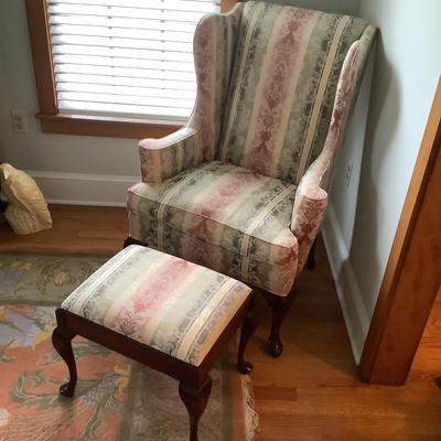 525 Pair of Queen Anne Style Wingback Chair with Matching Stool