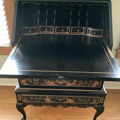531 Vintage Maddox Chinoiserie Style Black Lacquered Secretary