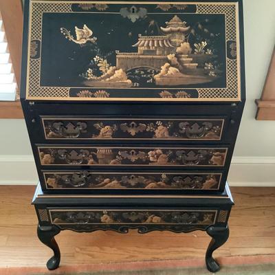 531 Vintage Maddox Chinoiserie Style Black Lacquered Secretary