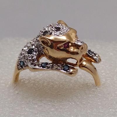 14K Gold Sapphire and Diamond Pouncing Wild Cat Ring 3.5 (#101)