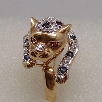 14K Gold Sapphire and Diamond Pouncing Wild Cat Ring 3.5 (#101)