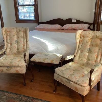 558 Pair of Vintage Upholstered HARDEN Arm Chairs with Ottoman