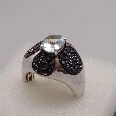 Platinum Black Spinel over Sterling Silver with Aquamarine Center Stone Ring 10.4g (#102)