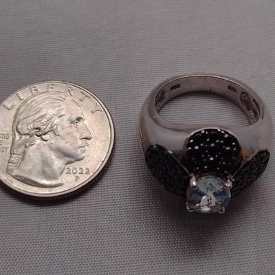 Platinum Black Spinel over Sterling Silver with Aquamarine Center Stone Ring 10.4g (#102)