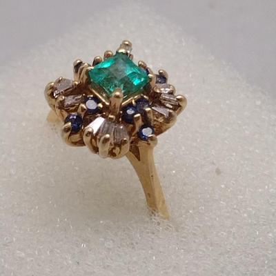 14K Gold Emerald, Sapphire, and Diamond Ring 4.4g (#103)
