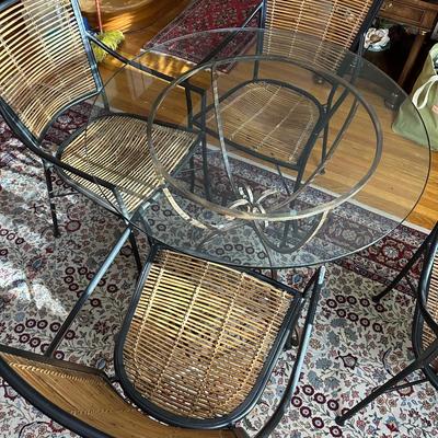 LOT 202. GLASS, METAL AND BAMBOO REED DINING SET