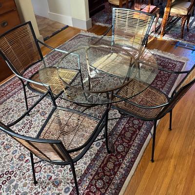 LOT 202. GLASS, METAL AND BAMBOO REED DINING SET
