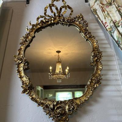 LOT# 54 ANTIQUE CARVED AND GILT WALL MIRROR