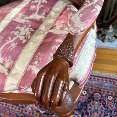 LOT 11. PAIR OF ORNATELY CARVED RED TEAK ARM CHAIRS
