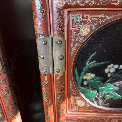 LOT #12 PAIR OF ANTIQUE RED LAQUER CABINETS WITH HIGHLY DECORATED PANELS